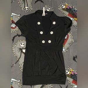 black y2k big button v neck blouse